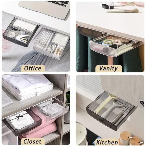 Under Desk Drawer Organizer 3 Pack Attachable Hidden Storage Smoke Gray - Picture 1 of 7